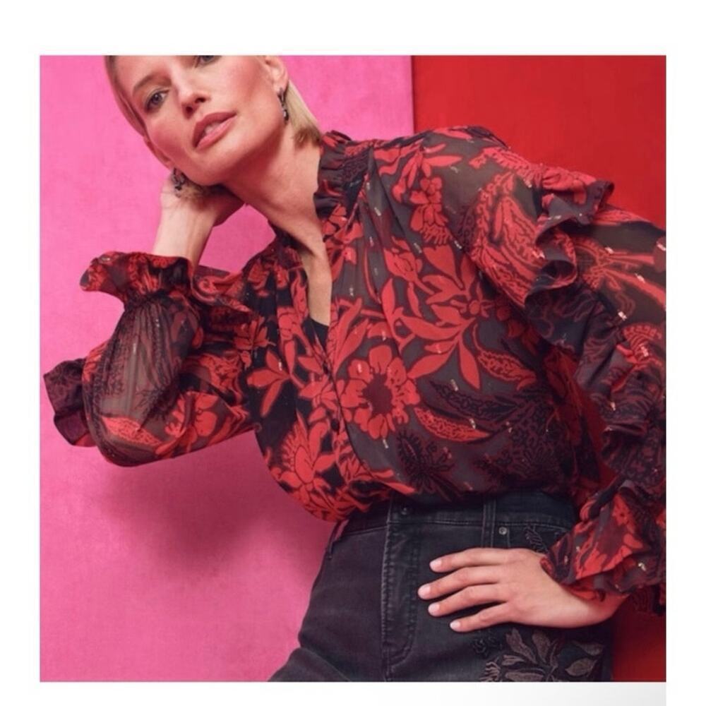 CHICO’S Sheer Floral Ruffle Button Down Chiffon Blouse Size 18 (3.5) Whimsigoth
